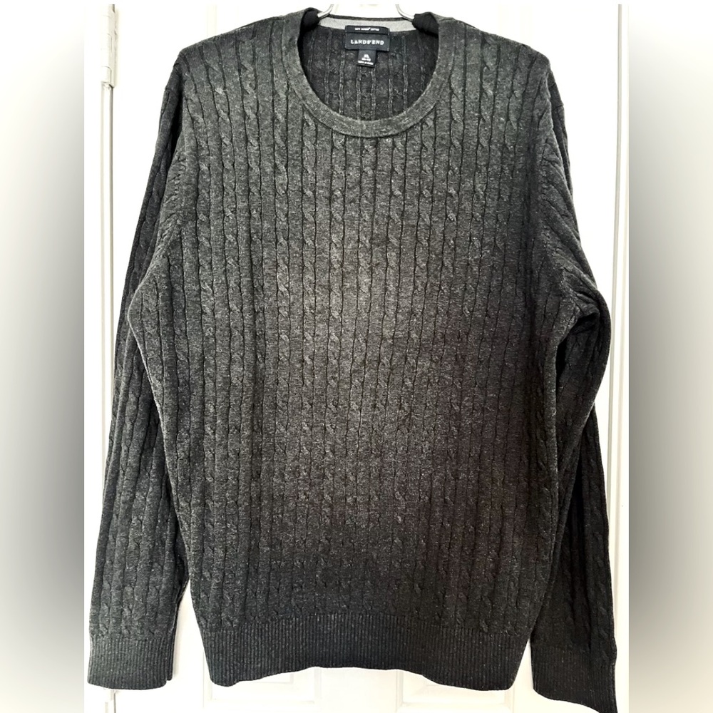 Lands End Mens XL Dark Gray Cable Knit Pullover Crew Sweater 100% Supima Cotton